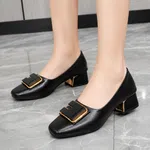Women's Square Toe Gold Buckle Block Heel Pumps - Available at AfnoBazar Nepal