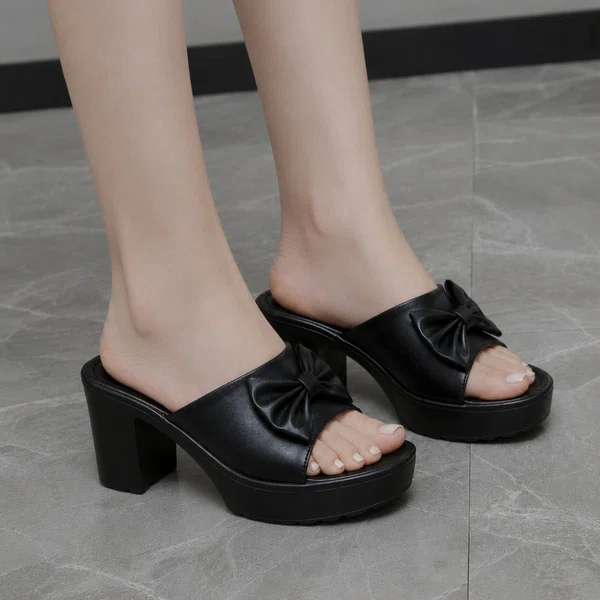 Women's Black Bow Platform Block Heel Sandals - Available at AfnoBazar Nepal