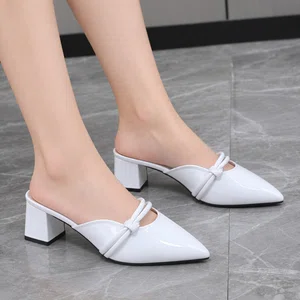 Women's Patent Leather Pointed Toe Bow Block Heel Mules - Available at AfnoBazar Nepal