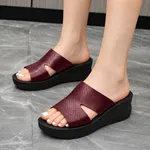 Women's Maroon Perforated Wide Band Platform Wedge Slides - Available at AfnoBazar Nepal
