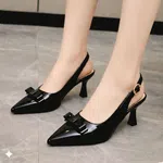 Women's Patent Pointed Toe Slingback Heels with Flat Bow - Black - Available at AfnoBazar Nepal