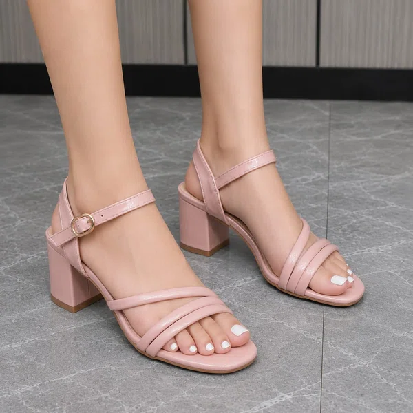 Women's Glossy Cross Strap Block Heel Sandals - Blush Pink - Available at AfnoBazar Nepal