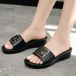 Women's Soft Leather Wedge Slide Sandals with Gold Buckle - Black and Cream - Available at AfnoBazar Nepal