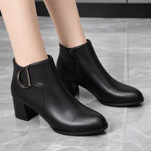 Women's Leather Buckle Block Heel Ankle Boots - Available at AfnoBazar Nepal