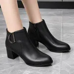 Women's Leather Buckle Block Heel Ankle Boots - Available at AfnoBazar Nepal
