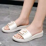 Women's Soft Leather Wedge Slide Sandals with Gold Buckle - Black and Cream - Available at AfnoBazar Nepal
