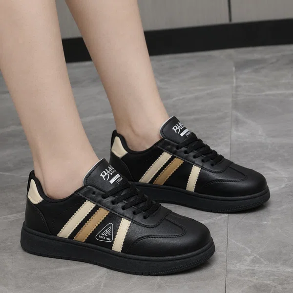 Women's Black and Gold Stripe Leather Sneakers - Available at AfnoBazar Nepal