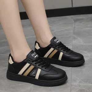 Women's Black and Gold Stripe Leather Sneakers - Available at AfnoBazar Nepal