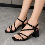 Women's Glossy Strappy Block Heel Sandals - Black - Available at AfnoBazar Nepal