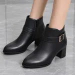 Women's Leather Ankle Boots with Gold Buckle Block Heel - Available at AfnoBazar Nepal