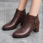 Women's Leather Ankle Boots with Gold Buckle Block Heel - Available at AfnoBazar Nepal