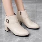 Women's Leather Ankle Boots with Gold Buckle Block Heel - Available at AfnoBazar Nepal
