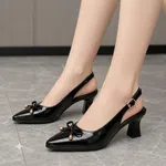 Women's Patent Pointed Toe Slingback Heels with Pearl Bow - Black - Available at AfnoBazar Nepal
