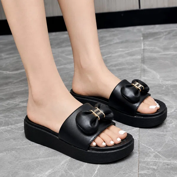 Women's Black Bow Platform Slides - Available at AfnoBazar Nepal