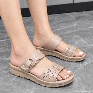 Women's Perforated Buckle Strap Orthopedic Platform Sandals - Beige - Available at AfnoBazar Nepal