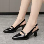 Women's Glossy Patent Pointed Toe Slingback Block Heels - Black - Available at AfnoBazar Nepal