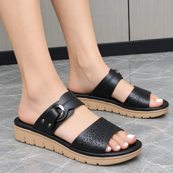 Women's Perforated Buckle Strap Orthopedic Platform Sandals - Black - Available at AfnoBazar Nepal