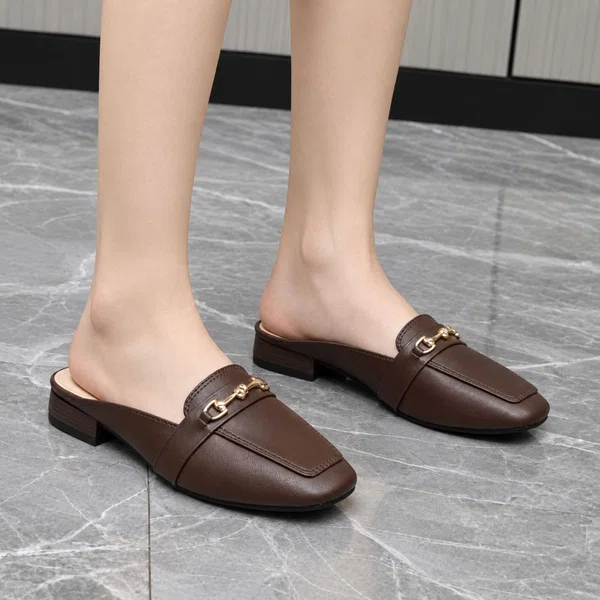 Women's Metal Accent Square Toe Flat Mules - Available at AfnoBazar Nepal