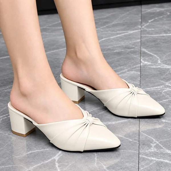 Women's Cream Pointed Toe Knot Block Heel Mules - Available at AfnoBazar Nepal