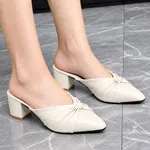 Women's Cream Pointed Toe Knot Block Heel Mules - Available at AfnoBazar Nepal