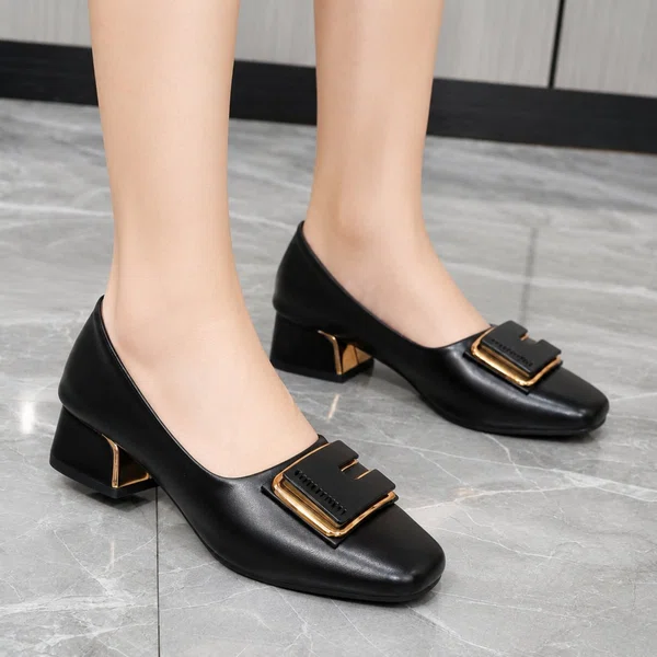 Women's Square Toe Gold Buckle Block Heel Pumps - Available at AfnoBazar Nepal