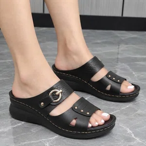 Women's Double Strap Platform Wedge Sandals with Metal Buckle - Black - Available at AfnoBazar Nepal