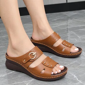 Women's Double Strap Platform Wedge Sandals with Metal Buckle - Brown - Available at AfnoBazar Nepal