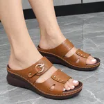 Women's Double Strap Platform Wedge Sandals with Metal Buckle - Brown - Available at AfnoBazar Nepal