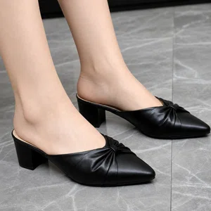 Women's Black Pointed Toe Knot Block Heel Mules - Available at AfnoBazar Nepal