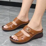 Women's Double Strap Platform Wedge Sandals with Metal Buckle - Brown - Available at AfnoBazar Nepal