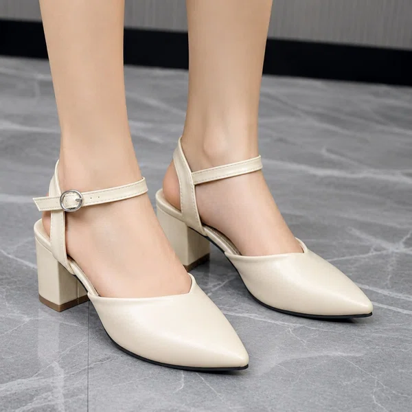 Women's Pointed Toe Ankle Strap Buckle Block Heel Pumps - Cream - Available at AfnoBazar Nepal