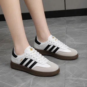 Women's Retro Three-Stripe Sneakers with Dark Gum Sole - White and Black - Available at AfnoBazar Nepal