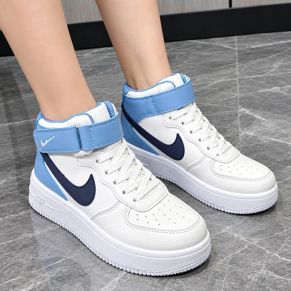 Women's High-Top Leather Platform Sneakers - Beige, Blue, Brown and White - Available at AfnoBazar Nepal