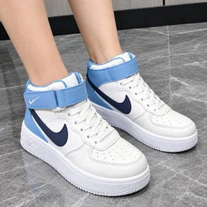 Women's High-Top Leather Platform Sneakers with Ankle Strap - White and Blue - Available at AfnoBazar Nepal
