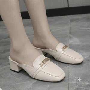 Women's Rhinestone Twist Kitten Heel Mules - Cream - Available at AfnoBazar Nepal