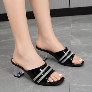 Women's Rhinestone Transparent Strap Block Heel Sandals - Available at AfnoBazar Nepal
