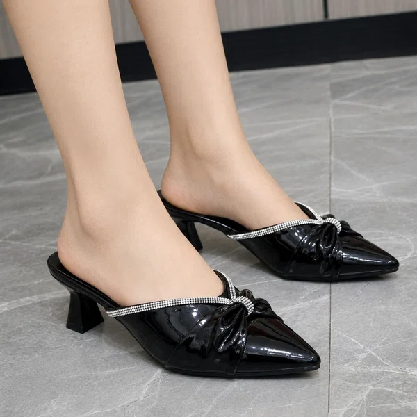 Women's Patent Pointed Toe Mules with Rhinestone Knot - Black - Available at AfnoBazar Nepal