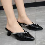 Women's Patent Pointed Toe Mules with Rhinestone Knot - Black - Available at AfnoBazar Nepal