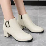 Women's Leather Buckle Block Heel Ankle Boots - Available at AfnoBazar Nepal