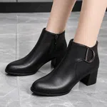 Women's Leather Buckle Block Heel Ankle Boots - Available at AfnoBazar Nepal