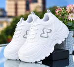 Women's Korean Style Chunky Heel Sneakers with Z Panel - White - Available at AfnoBazar Nepal