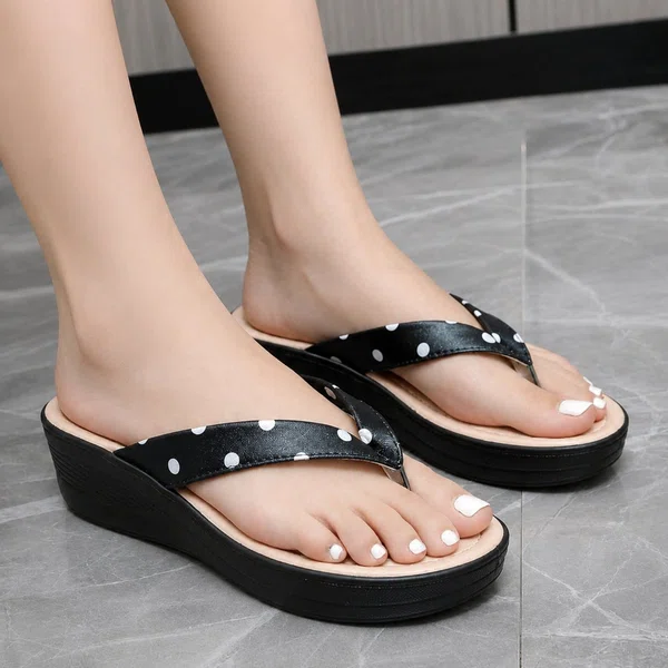 Women's Black and White Polka Dot Wedge Flip Flops - Available at AfnoBazar Nepal