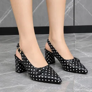 Women's Polka Dot Pointed Toe Slingback Block Heels - Black - Available at AfnoBazar Nepal