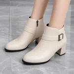 Women's Leather Ankle Boots with Gold Buckle Block Heel - Available at AfnoBazar Nepal