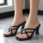 Women's Black Glossy Strappy Heeled Mules - Available at AfnoBazar Nepal