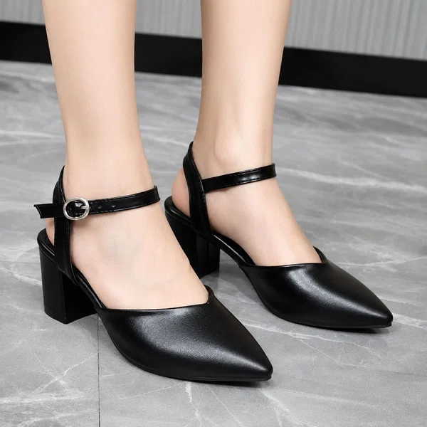 Women's Pointed Toe Ankle Strap Buckle Block Heel Pumps - Black - Available at AfnoBazar Nepal
