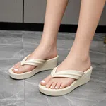 Women's Wedge Platform Flip Flops with Flat Strap - Cream - Available at AfnoBazar Nepal