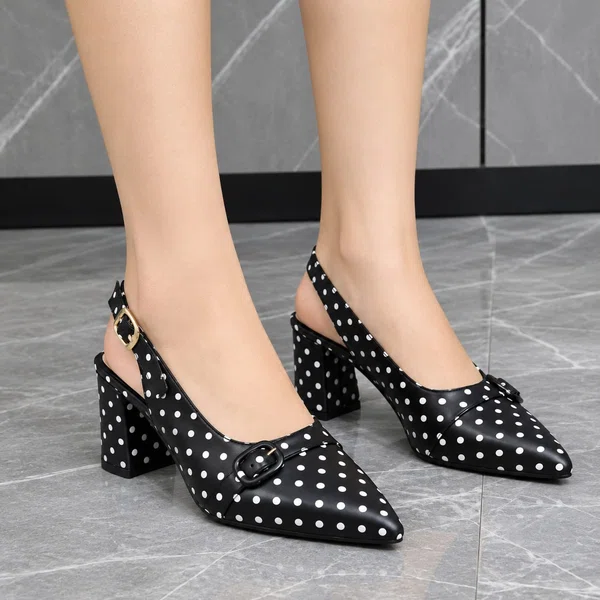 Women's Polka Dot Pointed Toe Slingback Block Heels - Black and White - Available at AfnoBazar Nepal