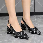 Women's Polka Dot Pointed Toe Slingback Block Heels - Black and White - Available at AfnoBazar Nepal