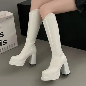 Women's Patent Leather Knee-High Platform Boots - Beige - Available at AfnoBazar Nepal